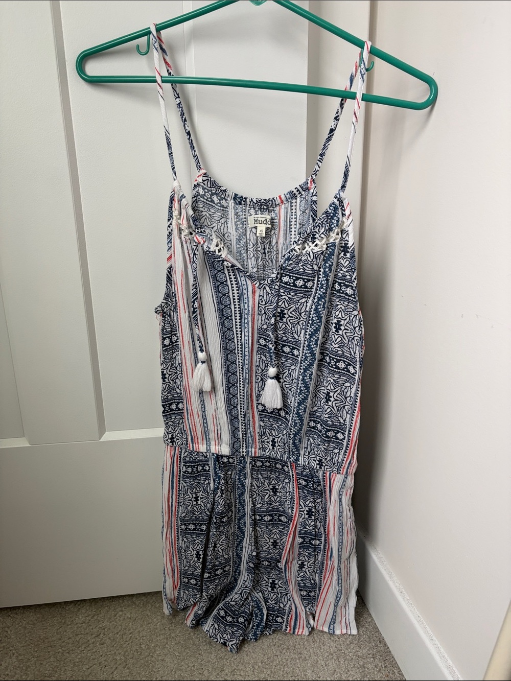 Mudd Navy, White & Coral Printed Tassel Adjustable Romper